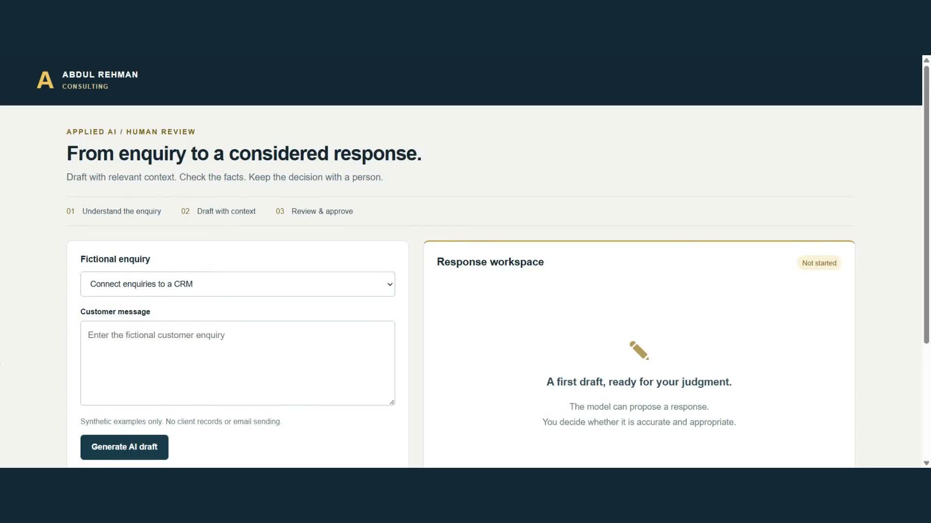 Enquiry workflow: a useful draft and a human decision